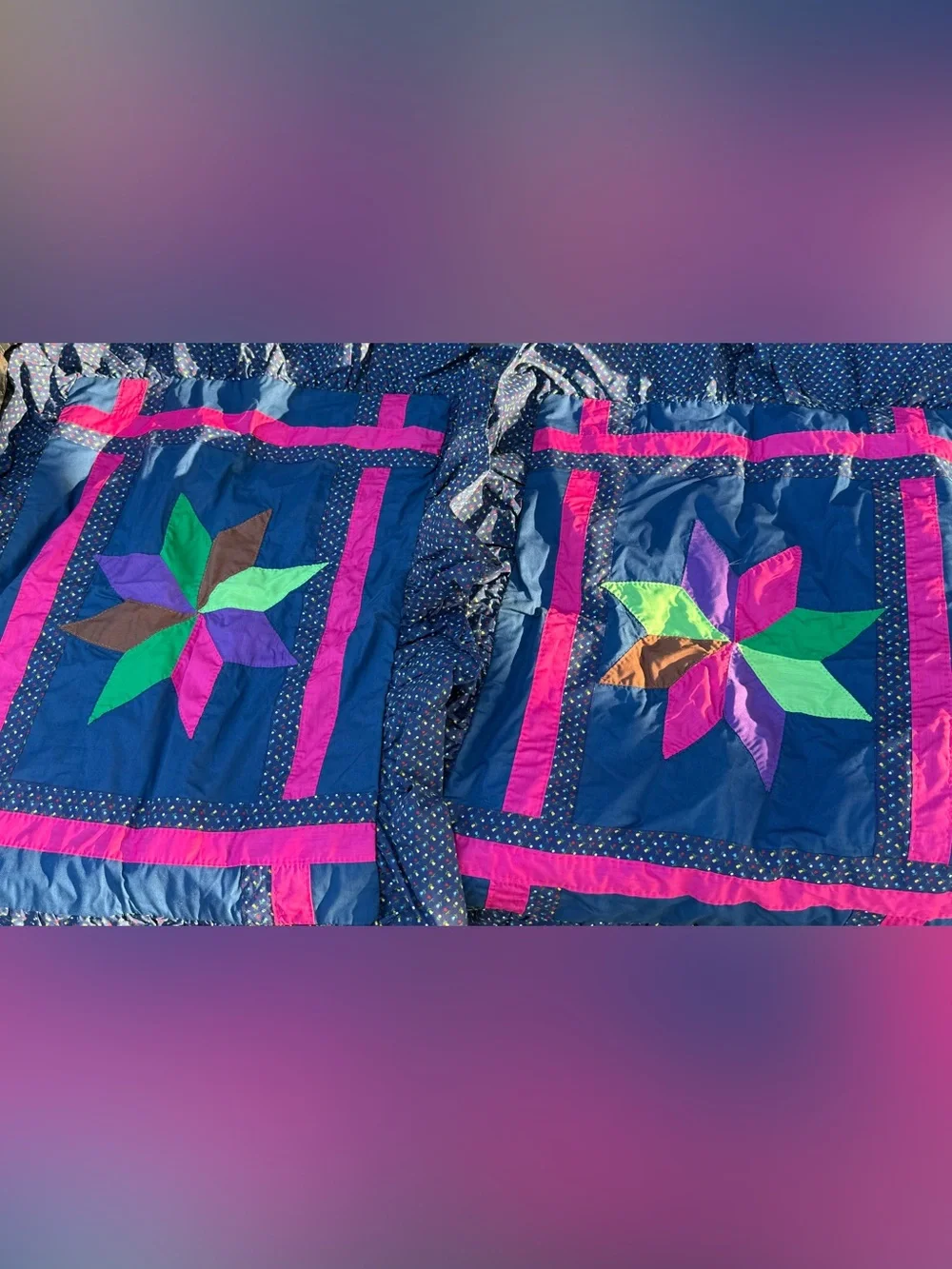 Lone Star quilt w/2 ruffled pillow cases - hand crafted, machine sewn